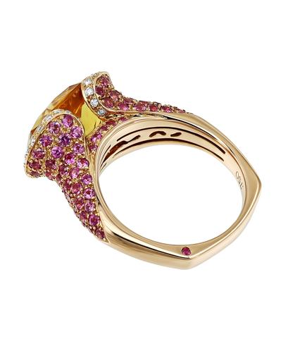 Кольцо из красного золота 750 пробы с цитрином, бриллиантами и розовыми сапфирами