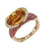Кольцо из красного золота 750 пробы с цитрином, бриллиантами и розовыми сапфирами