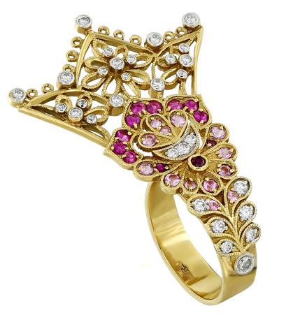 Кольцо из желтого золота 750 пробы с розовыми сапфирами, рубинами и бриллиантами