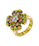 Кольцо из жёлтого золота 750 пробы с бриллиантами, сапфирами, рубинами и гранатами 