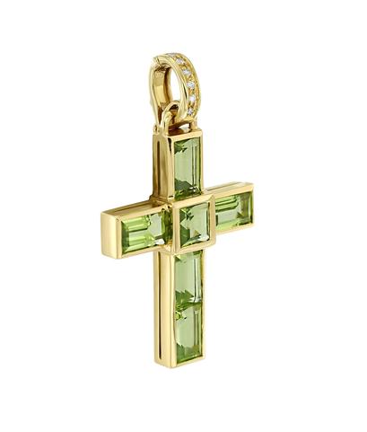 Крест из желтого золота 750 пробы с хризолитами и бриллиантами