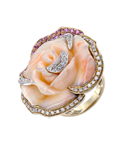 Кольцо из желтого золота 750 пробы с бриллиантами, розовыми сапфирами и кораллом