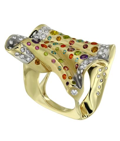 Кольцо из желтого золота 585 пробы с бриллиантами и цветными камнями
