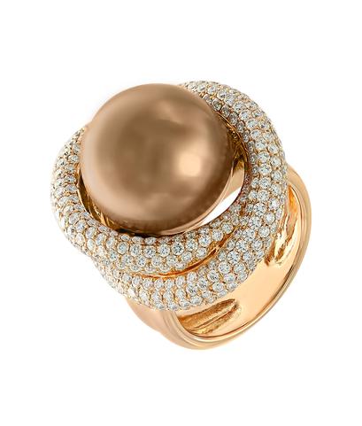 Кольцо и серьги из красного золота 750 пробы с жемчугом и бриллиантами (комплект)