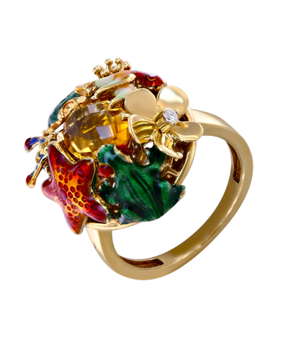 Кольцо Roberto Bravo из жёлтого золота 585 пробы с бриллиантом, цитрином и эмалью